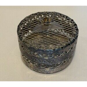 Vintage Jewelry Trinket Box Circle Shape Silver Plate Filigre Mesh Rose On Lid